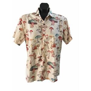 Mushroom Print Button Up Shirt Men’s M Cottagecore Psychedelic Short Sleeve